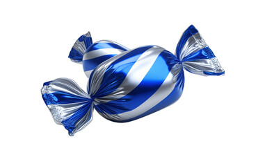 Two glossy blue and silver striped candies with twisted ends isolated on a transparent background candy