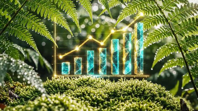 Rising chart on moss surrounded by ferns in a lush forest to represent growth and success