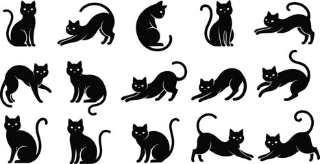 Cat silhouette illustration set, fifteen black feline poses including sitting, stretching, walking, playing, vector artwork for animal, nature, design motif © MdRaihan