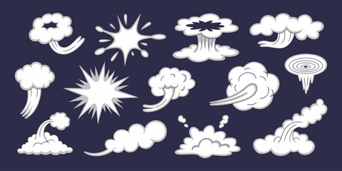Fototapeta premium Cartoon Explosion and Cloud Set: Comic Book Style Effects, Puff, Blast, Dust, Smoke Collection on Dark Background, Explosive Clouds for Kids Animation, Game Design – Abstract Vapor Trails and Comic Ac