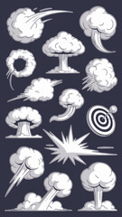 Comic-Style Clouds Vectors: Explosions, Speed Effects and Impact Graphics, Retro Styled Cartoon Smoke Cloud Collection for Action Scenes, Motion Trails, Vapor Trails Designs, Ideal for Anime, Manga, S