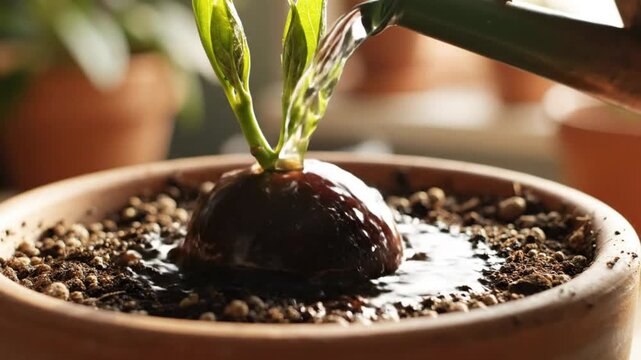 Watering an avocado seed planted in a terracotta pot with fresh new growth in a sunny interior