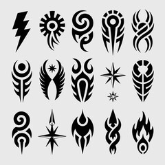 Tribal Tattoo Designs Collection: Black and White Ornate Body Art Motifs for Custom Graphic Elements ,Symbolic Ornamentation,Mystical Iconography, Polynesian Stylized Decorative Graphics, Maori Inspir