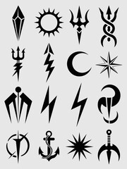 Variety of Black Symbols and Insignias: Diverse Icon Set Representing Mysticism, Spirituality, Magic, and Navigation, Ideal for Tattoo Designs, Branding, Esoteric Practices, Occult Themes, Graphic Ele