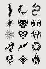 Tribal Tattoo Designs Collection for Body Art: Geometric Shapes, Celestial Crescent, Spine, Snake Motifs - Black Ink Set for Tattoo Artists, Graphic Designers, and Cool Custom Decoration, Vector Art P