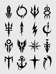 Collection of Black Graphic Symbols Designs: Geometric Illustrations, Minimalist Tattoo Elements for Logo Creation, Mysterious Markings for Occult Themes, Esoteric Icons,  Modern Emblems for Game Desi