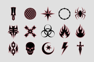 Collection of Dark Designs: Symbols and Emblems in Flat Vector Style for Tattoo Designs, Graphic Elements, and Logo Creation &ndash; Gothic Icons, Occult Signs, Spider, Skull, Fire, Lightning, Crescent, Sta