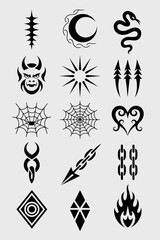 Set of Black Tattoo Tribal Designs: Assorted Geometric Shapes, Moon Phase, Gothic Snake, Spider Web Symbols for Body Art and Mystical Signs on White Background for Designs, Decoration, and Creative Pr