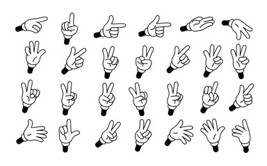 Animated Hands Gesturing on Black Background: Cartoon White Glove Hand Signs, Pointing Directions, Victory Peace, Counting Fingers, Open Palm Illustration for Graphic Design, Retro Comic, Vector Set,