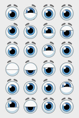 Cartoon Eyes Character Sheet Visuals, Expressive Animations, Different Emotions and Moods, Comic Eyeballs with Eyelids, Mascot Moodboard, Graphic Design Elements for Storytelling, Funny Expressions, A