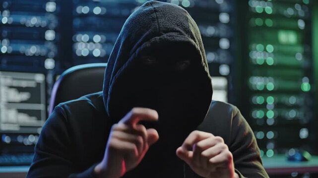 Anonymous hacker in a hood explaining and communicating something in front of monitors
