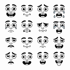 Cartoon Faces Expressing Emotions: Set of Comic Expressions Displaying Happiness, Sadness, Anger, and Surprise in Minimalist Black and White Style for Animation, Educational Resources and Character De