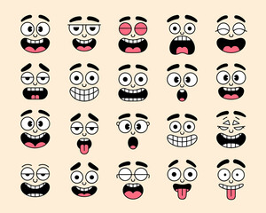 Cartoon Faces Emoticons Diverse Expressions Character Set, Funny Emoji Collection Expressing Emotions Like Joy, Sadness, Anger, Surprise, Sleepiness, Creative Design for Animation, Comic Art, Vector I
