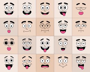 Expressive Cartoon Faces Displaying Emotions and Reactions against a Pale Background, Illustrating Feelings, Comical Moods, Funny Characters for Children's Entertainment, Educational Graphics, Animati