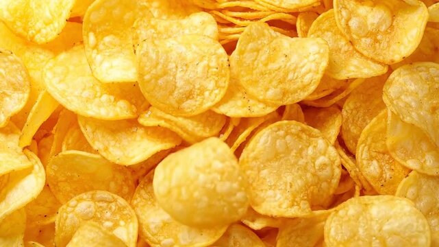 Close-up shot of golden potato chips, a popular snack with a crispy texture and delicious flavor.