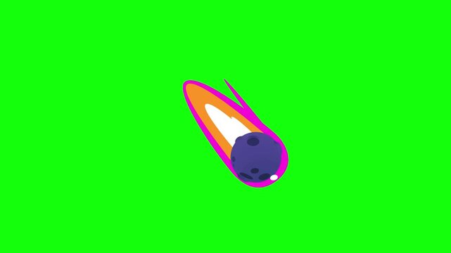 Looping 2D animation of a colorful cartoon meteor streaking across the screen, purple rocky asteroid with bright orange and pink flaming tail, smooth fast motion on bright green chroma key background.