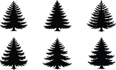 Collection of pine tree silhouettes vector illustration with varied shapes, forest nature artwork design, decorative evergreen black drawing