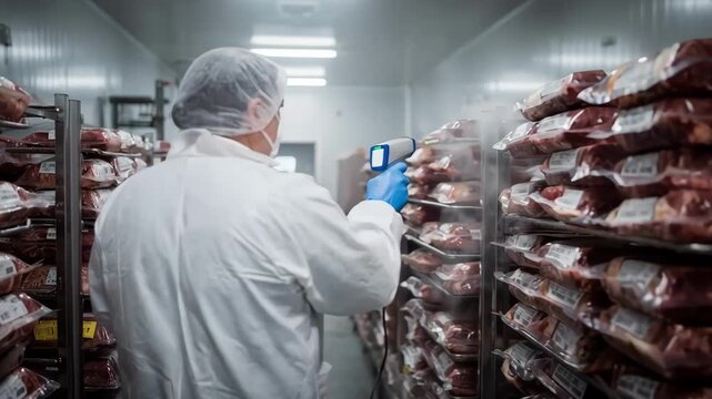Medium shot of a worker inspecting chilled meat in a cold storage room checking temperature and packaging to ensure freshness and safety standards.