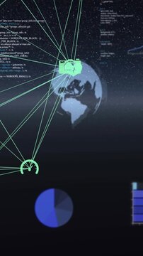 Vertical video: Globe glowing starting camera-heart cluster shifting lines linking showing health