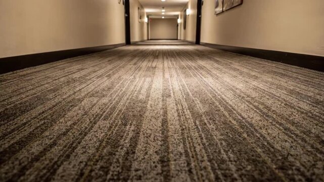 Medium shot of fireresistant contract carpet in a hotel corridor highlighting durability and flame retardant texture under soft lighting.