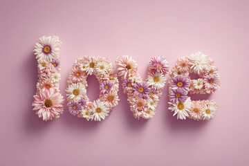 Word "Love" Made Of Pastel Flowers On Plain Background