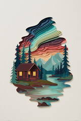 Scandinavian Wood Cutout Art Cabin Lake Mountains