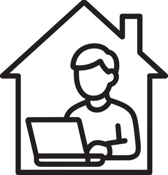Work from home illustration depicting person using computer inside house structure representing remote employment and telecommuting