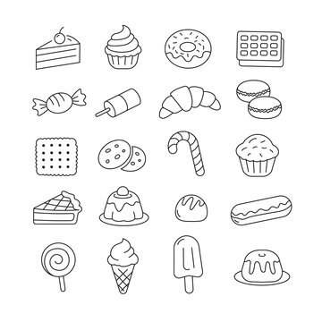 Set of hand drawn black confectionery icons on a transparent background. Various sweets candies, chocolates, lollipops, cakes, donuts, and pastries. Minimalist flat design suitable for web, app, print