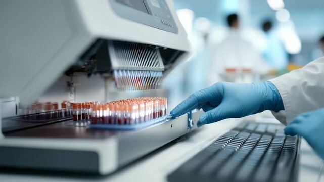 Automated laboratory equipment processes multiple blood samples in a modern medical facility. A scientist in blue gloves operates the machine, ensuring accuracy and efficiency in diagnostics