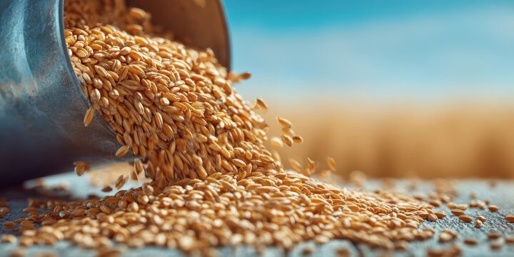 The Wheat Grains Pouring from a Metal Scoop onto a Sunny Field Surface