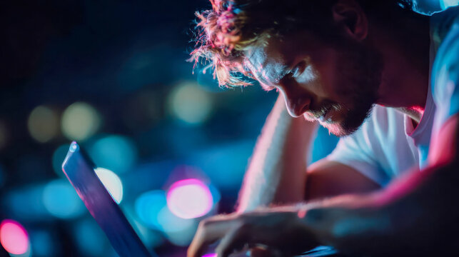 Stressed man sitting at laptop with hands on head, overwhelmed by problems and paperwork at night