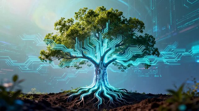 Tree with glowing circuit lines