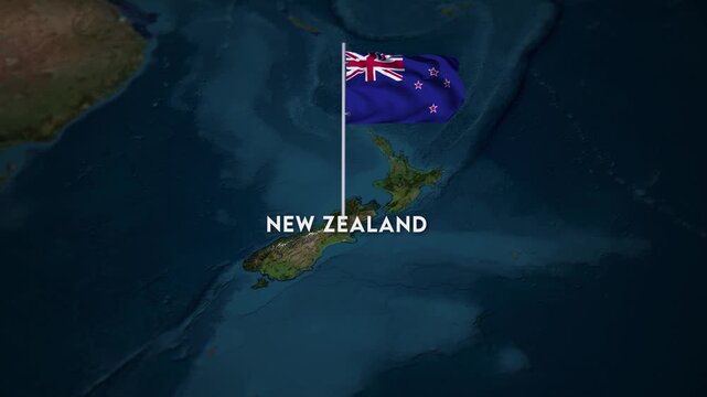 The Flag of New Zealand on the World Map, the New Zealand flag waving on the 3d map animation 4K