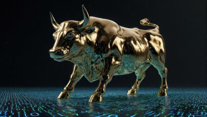 Obraz premium Golden Bull Statue on Digital Surface - Financial Symbol.