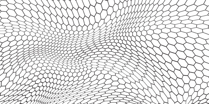 Black seamless hexagon pattern. Repeating honeycomb texture background. Geometric hexagonal halftone tech overlay backdrop. Abstract repeated hex texture. Vector retro technology dot wallpaper