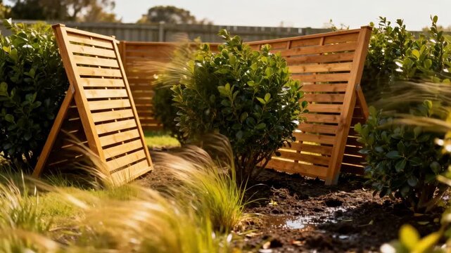 Windbreaks positioned around shrubs effectively reducing gust impact and preserving plant health in a breezy outdoor environment.