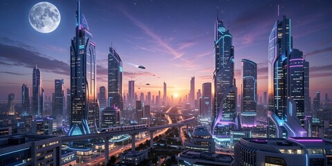 Fototapeta premium Futuristic city skyline at sunset with glowing neon skyscrapers, flying vehicles, and a full moon overhead