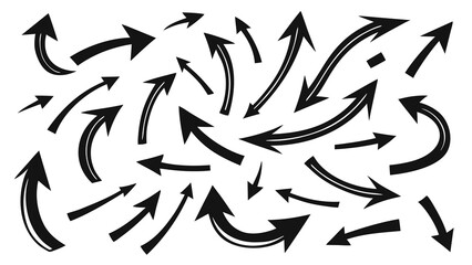Fototapeta premium Numerous black arrows pointing in various directions on a white background