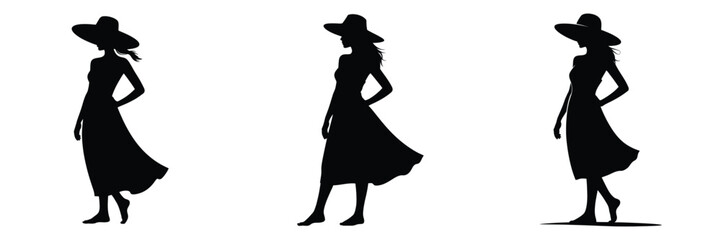 Fototapeta premium Summer Woman Silhouette Vector – Elegant Female in Flowing Dress and Sun Hat, Stylish Lady Walking Gracefully, Minimalist Black and White Fashion Illustration for Beauty, Vacation, and Seasonal Art
