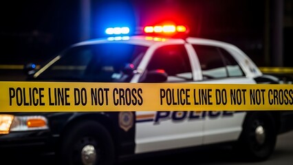 Police car with flashing lights behind yellow caution tape at night red and blue lights police line