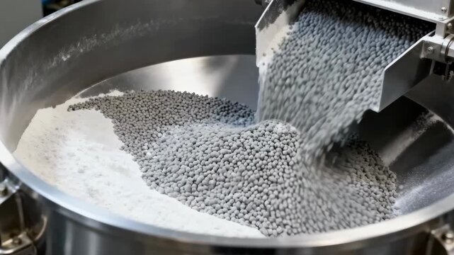 Medium frame of a modern granulation chamber with mixed powder particles agglomerating into freeflowing granules under precise industrial conditions.