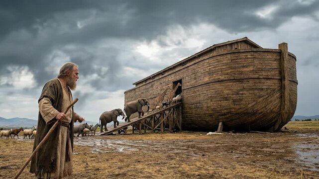 A conceptual representation of biblical obedience and divine protection showing Noah guiding pairs of animals into the wooden ark under a dramatic stormy sky signaling the coming flood