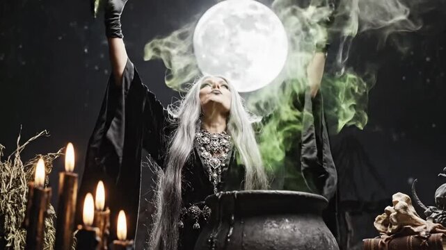 Witch brewing potion under the moonlight in a dark setting surrounded by candles and herbs