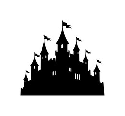 Obraz premium Silhouette of a majestic castle with multiple towers and flags