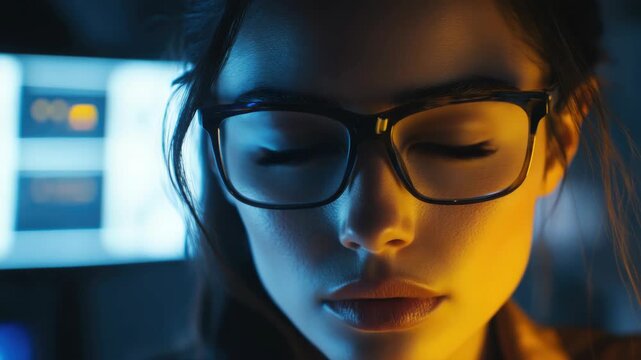 A futuristic cyber theme portrait of a scientist with glasses, in front of computer monitors. She's intently looking ahead, symbolizing her analytical nature and dedication to her work.