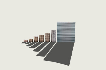 Obraz premium Art collage. Financial growth depicted by stacked coins and a rising arrow graph.