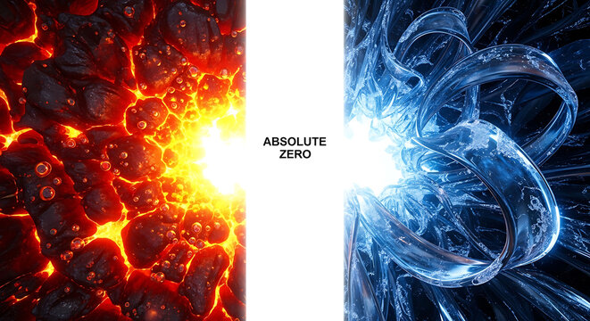 dynamic abstract visual contrasting hot magma and intricate freezing ice illustrating temperature duality energy and absolute zero.