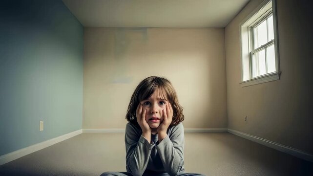 Little girl experiencing distress and sadness in an empty room, a concept for understanding autism spectrum disorders and behavioral problems