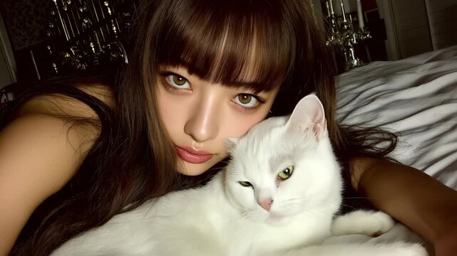 Pretty Asian woman with her white cat on a fluffy cozy bed, soft indoor lighting creating a tender, warm, and heartwarming lifestyle portrait.