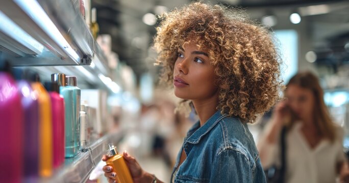 The woman in a denim jacket selecting a colorful beauty product from shelves